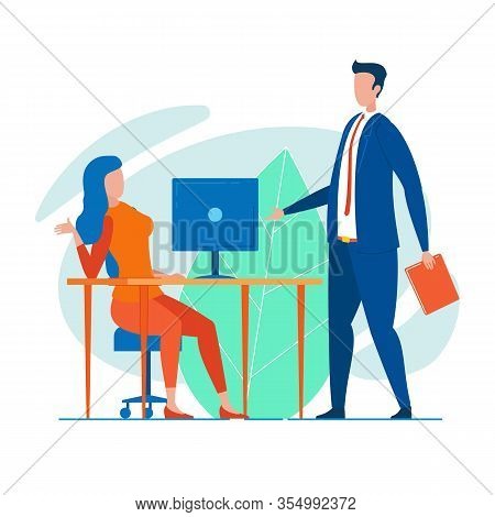 Two Office Workers, Man In Blue Business Suit And Red Tie, And Woman Dressed Smart, Sitting At Her D