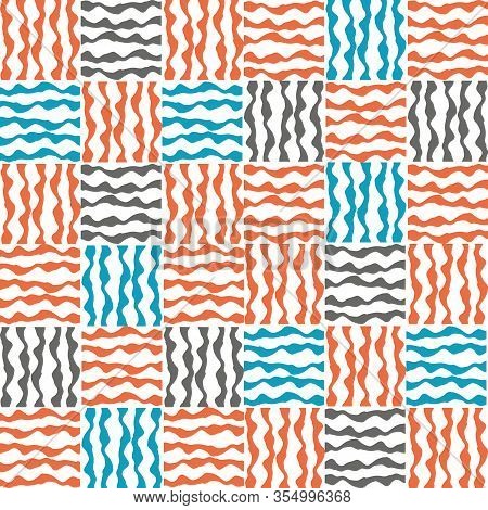 Vector Plaid Fabric Weave Seamless Pattern Background. Small Orange, Blue, Gray Squares Geometric Cl