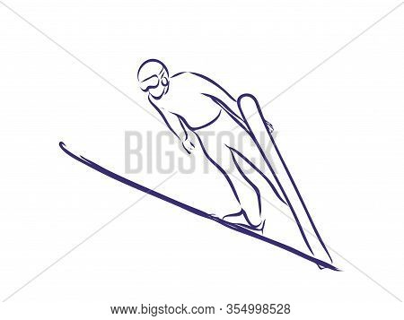 Freehand Drawing Of A Jumping Freestyler Skier With Equipment. Extreme Winter Sports.