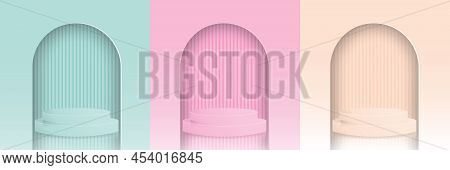 Set Of Green,pink, Blue Realistic 3d Stand Podium In Arch Window. Vector Abstract Studio Room With G