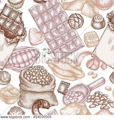 Seamless Pattern With Hand Drawn Pastel Cocoa Beans, Cocoa, Chocolate, Chocolate Candies Stock Illus
