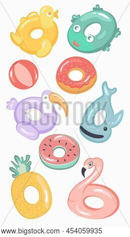 Beautiful And Bright Circles For Swimming In The Pool And The Sea In The Form Of Different Animals A
