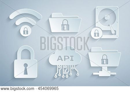 Set Cloud Api Interface, Hard Disk Drive And Lock, Lock, Ftp Folder, Folder And Wifi Locked Icon. Ve