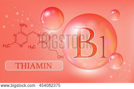Vitamin B1, Thiamine, Water Drops, Capsule On A Red Gradient Background. Vitamin Complex With Chemic