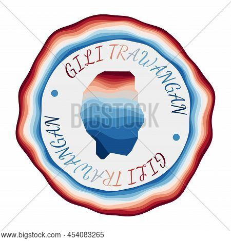 Gili Trawangan Badge. Map Of The Island With Beautiful Geometric Waves And Vibrant Red Blue Frame. V