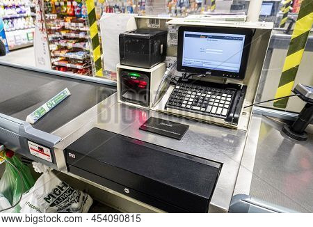 Samara, Russia - May 2, 2022: View Of Cash Desk In A Chain Hypermarket Perekrestok