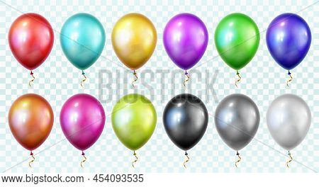 Balloon Set Isolated On Transparent Background. 3d Helium Balloons Template For Anniversary, Birthda