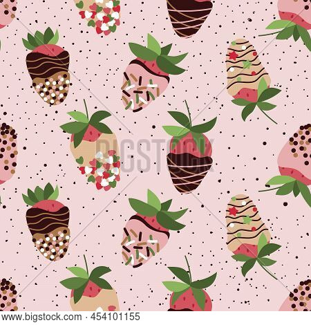Seamless Repeat Pattern With Strawberry In Chocolate, Glaze, Sprinkle On Pink Background. Vector, Fl
