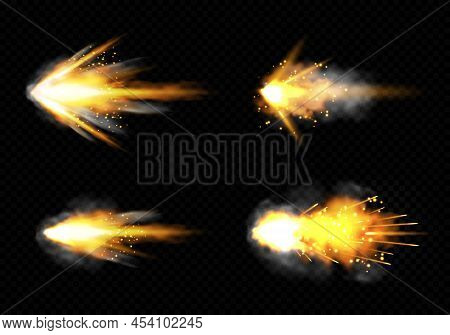 Gun Flashes With Smoke And Fire Sparkles. Pistol Shots Clouds, Muzzle Shotgun Explosion. Blast Motio