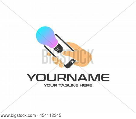 Smart Lighting And Smart Home, Hand Holds Smartphone And Light Bulb, Logo Design. Man Holds Smartpho