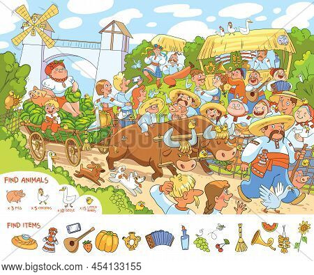 Find Animals And Find Hidden Objects In The Picture. Festival In Ethnic Slavic Style. Ukrainian Coun