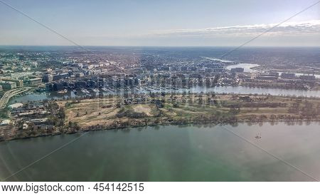 Aerial Elevated View From Above The East Potomac Golf Links, Golf Course Along The Potomac River Wit