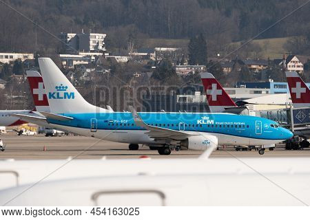 Zurich, Switzerland, February 10, 2022 Klm Boeing 737-7k2 Aircraft Is Taxiing To Its Position At The