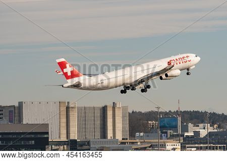 Zurich, Switzerland, February 10, 2022 Swiss International Airlines Airbus A340-313 Aircraft Take Of