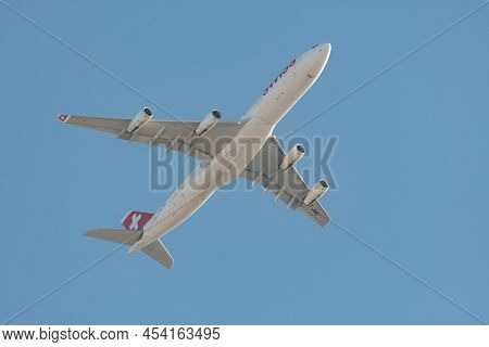 Zurich, Switzerland, February 10, 2022 Swiss International Airlines Airbus A340-313 Aircraft Just Af