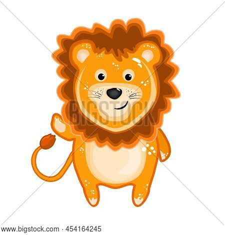 Lion Isolated On White Background. Funny Friendly Lion Character Waving Hand And Smiling. Safari Car