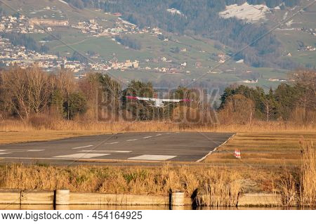 Wangen-lachen, Switzerland, February 13, 2022 Tecnam P2008 Jc Airplane Is Departing From A Small Air