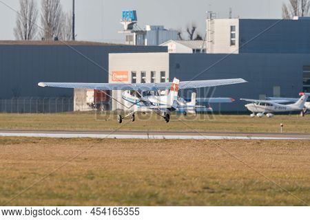 Saint Gallen, Altenrhein, Switzerland, February 12, 2022 Cessna 172 Propeller Plane Is Departing Fro
