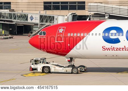 Zurich, Switzerland, March 2, 2022 Edelweiss Air Airbus A340-313 Aircraft Is Towed Along The Apron