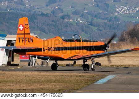 Wangen-lachen, Switzerland, February 27, 2022 Pilatus Pc-7 Propeller Plane Is Taxiing To Its Parking