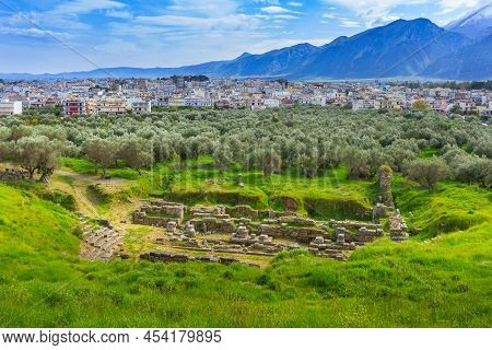 Aerial Panoramic View Of Sparta City With Taygetus Mountains And Ancient Ruins Remains In Peloponnes