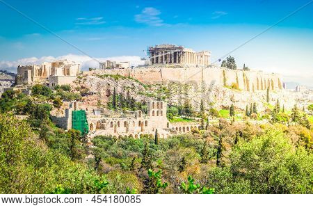 Famous Skyline Of Athens With Acropolis Hill, Pathenon, Herodes Atticus Amphitheater, Athens Greece