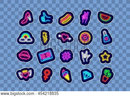 Pop Art Neon Stickers Clipart. Donut, Lips And Hot Dog. Watemelon And Heart. Vector Stock Illustrati