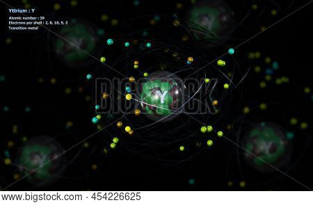 3d Illustration Of Atom Of Yttrium With Detailed Core And Its 39 Electrons With Atoms In Background