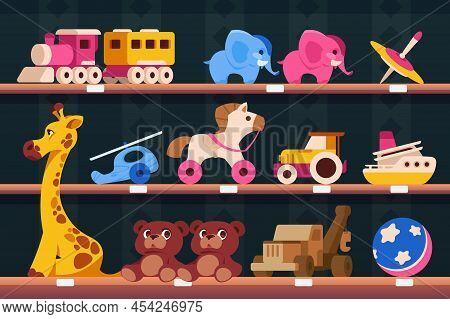 Shelf With Toys. Cartoon Shop Shelves With Colorful Kid Toys, Various Transport Animals And Puzzles.