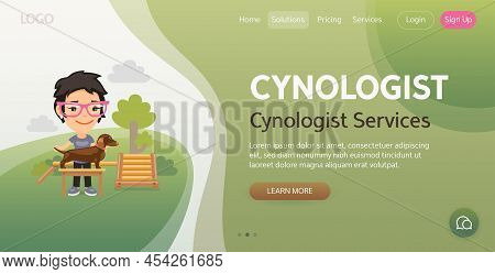 Cynologist Services Website Template. Illustration Of A Cartoon Cynologist With Dachshund. Compositi