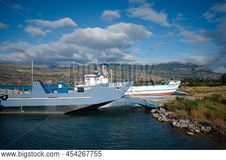 Puerto Ibanez, Chile - March, 2020:  Two Ferries Called Chelenco And  Pilchero Moored On Shore Of Na