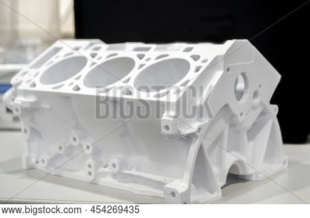 Model Prototype Car Motor Printed On 3d Printer. Object Printed On 3d Printer Made Of Plastic Close-