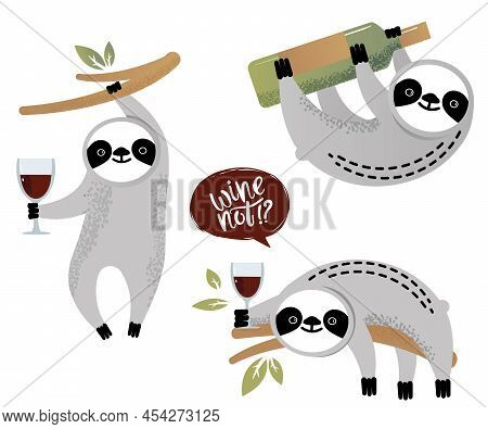 Cute Vector Sloth Bear Set With Wine Not Lettering. Can Be Used For Cards, Flyers, Posters, T-shirts