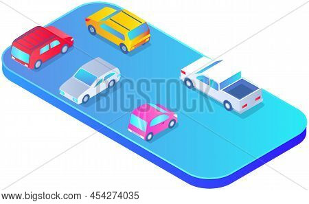 Modern Car Parking Standing On Empty Or Full Parking Lot Area. Travel Park Place On Rest Space Near 