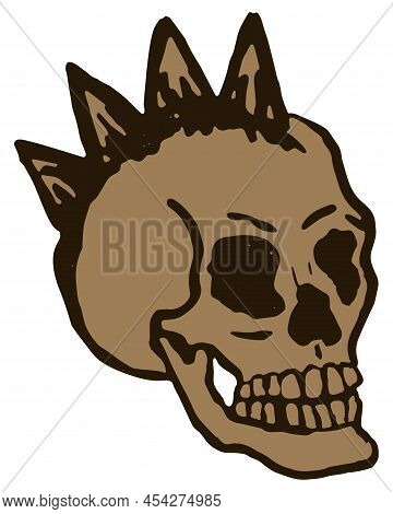 Rough Colored Vector Doodle Of A Skull With Mohawk Hairstyle. Hand-drawn Scary Human Head Bones Isol