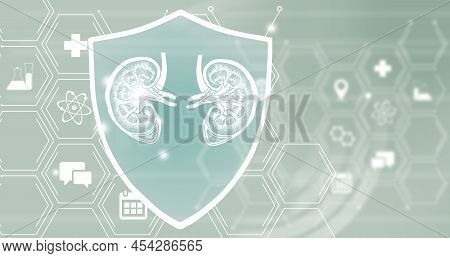 Human Internal Organ Kidneys Emergency Help And Protection From Urinary Diseases. Turquoise Template