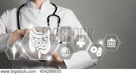 Telemedicine And Human Intestine Recovery Concept. Grey Color Palette, Copy Space For Text.