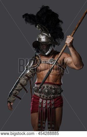 Gladiator Spearman Throwing Spear Against Gray Background