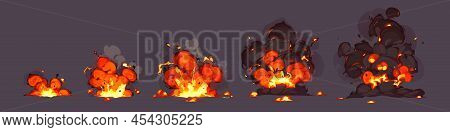 Explosion Of Bomb, Rocket Hit. Vector Animation Sprite Sheet Of Burst With Fire And Black Smoke Clou