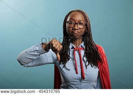 African American Mighty Justice Defender Showing Disagree Hand Symbol In Disagreement. Dissapointed 