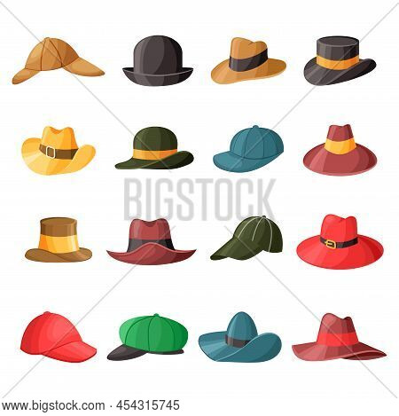 Cartoon Male Hat. Mans Holiday And Casual Headwear, Retro An Modern Cap. Vector Fashion Set