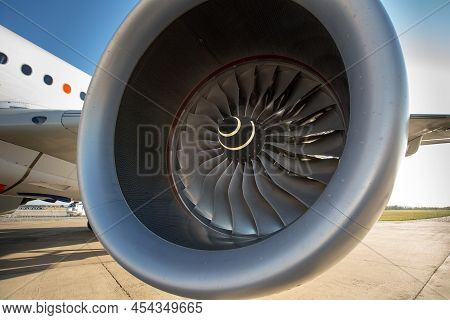 Passenger Jet Plane Engine Front View. Aircraft Air Intake And Fan Blades Close Up.