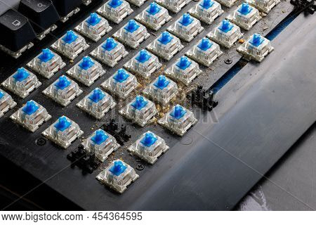 Dirty Black Mechanical Keyboard Without Keycaps Before Cleaning - Full Of Hair And Food Crumbs