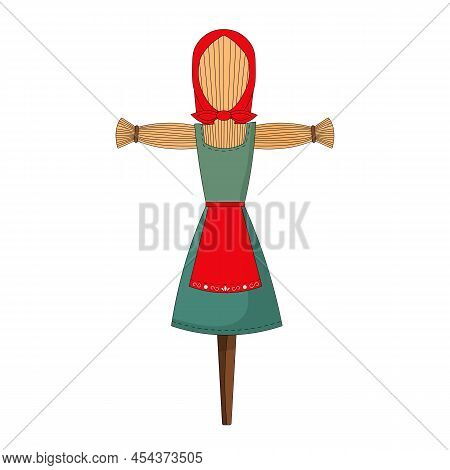 Russian Straw Effigy Of A Woman In Traditional Slavic Clothes. Spring Holiday Pancake Week. Vector I