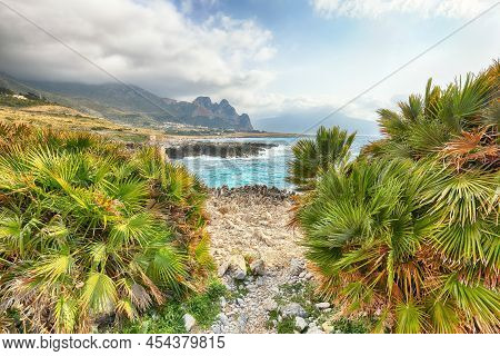 Stunning Seascape Of Isolidda Beach Near San Vito Cape. Popular Travel Destination Of Monte Cofano N