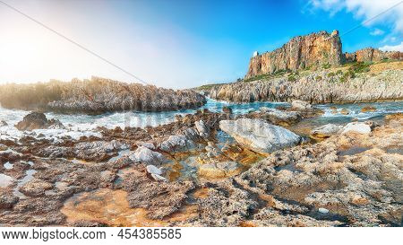 Wonderful Seascape Of Isolidda Beach Near San Vito Cape. Popular Travel Destination Of Monte Cofano 