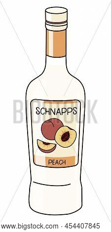 Peach Schnapps In A Bottle. Doodle Cartoon Hipster Style Vector Illustration Isolated On White Backg