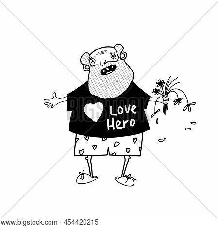 Funny Oldman With Flowers, Vector Clipart, Love Illustration