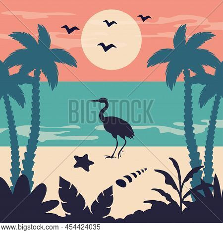Tropical Landscape Vintage. Summer Beach Background. Beautiful Seascape With Silhouettes Of Exotic P