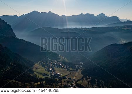 Aerial View Of Gardena Pass, Passo Gardena, Rifugio Frara, Dolomiti, Dolomites, South Tyrol, Italy, 